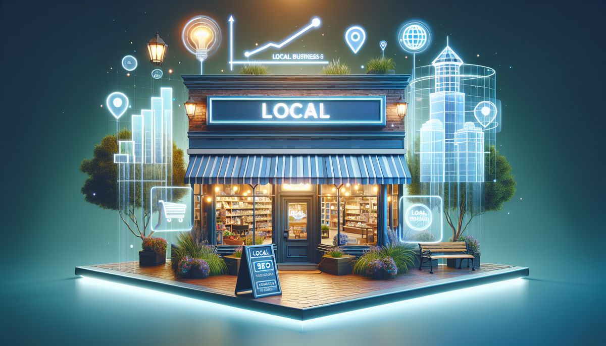 Una tienda de una pequeña empresa local rodeada de íconos digitales que representan la conectividad en línea, el crecimiento y la participación de la comunidad, destacando Estrategias SEO para Negocios de Venta al Público.