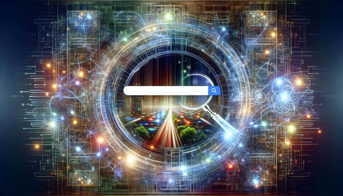 Una ilustración digital de una barra de búsqueda rodeada de circuitos brillantes y luces de ciudad, simbolizando la tecnología, la conectividad y la importancia de la visibilidad en la búsqueda local en los SERPs con IA.